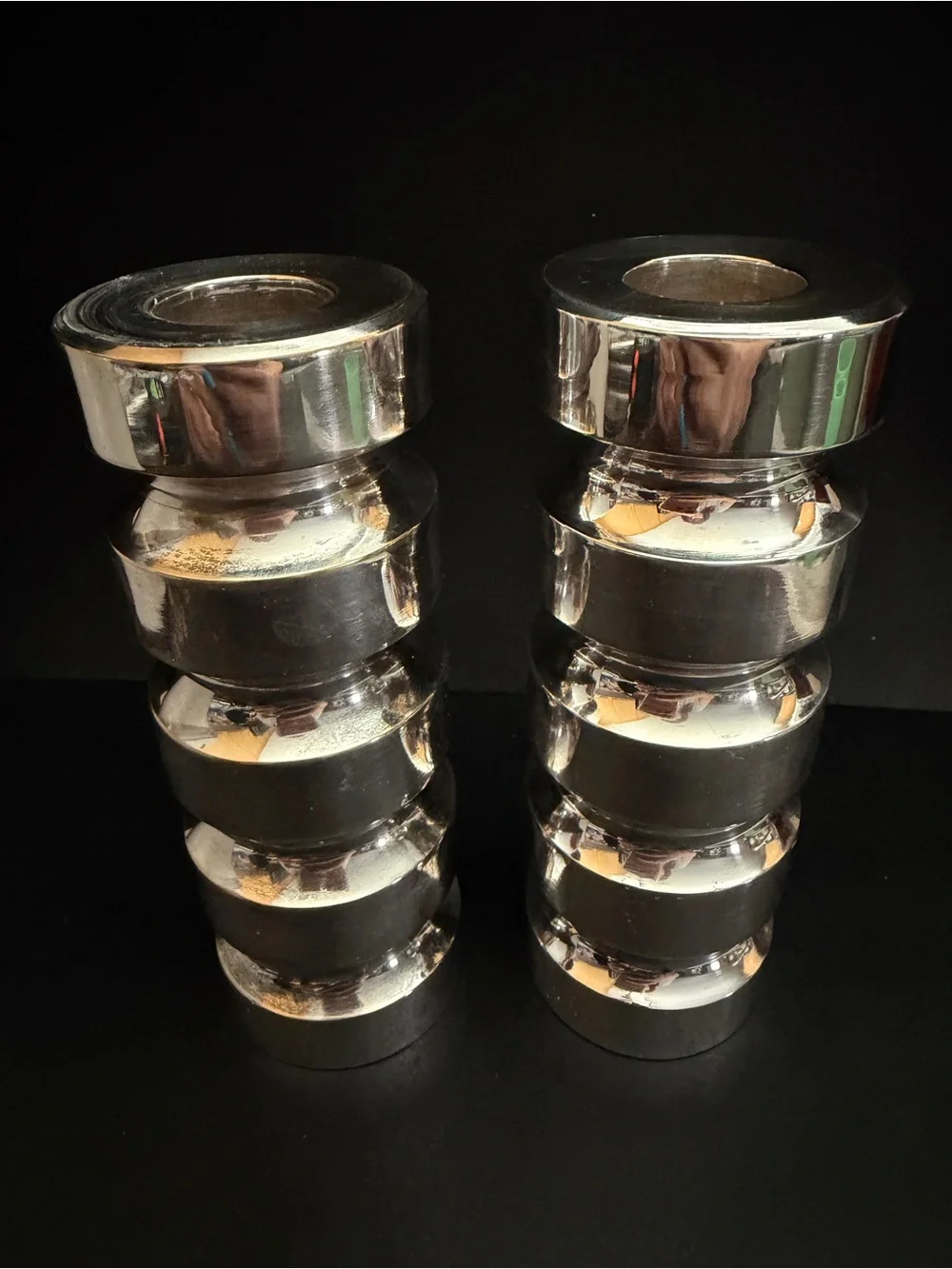 MCM Industrialist Brutalist Candlesticks Silver Plated Heavy Segmented Cylinders